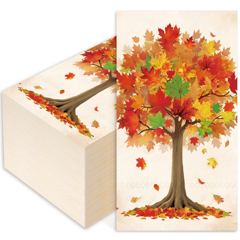 JarThenaAMCS 50 قطعة من مناديل ضيف الخريف أوراق القيقب مناديل للاستعمال مرة واحدة بألوان مائية وشجرة الخريف وحفلات العشاء ومنديل الخريف ومناشف اليد المزخرفة لمستلزمات طاولة الحمام لعيد الشكر - Image 1